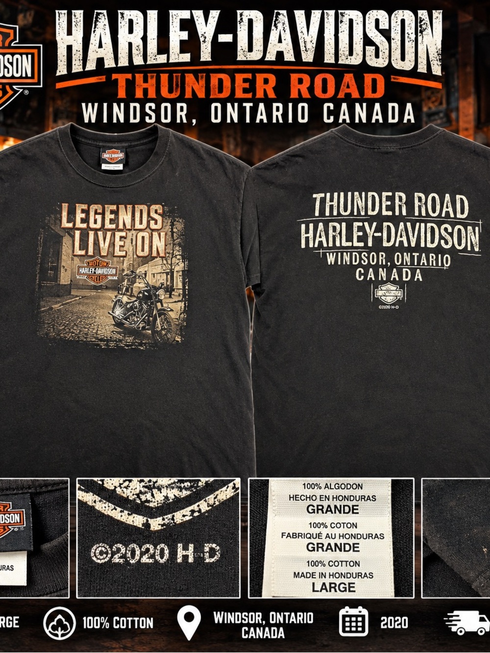 Harley Davidson Thunder Road Windsor Ontario Canada T Shirt Mens L Black 2020